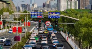 Heavy traffic on a multi-lane road in Lanzhou, China