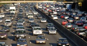 Heavy traffic on a multi-lane freeway in Los Angeles