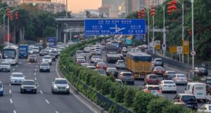 Evening traffic on a busy divided highway in Shenzhen, China